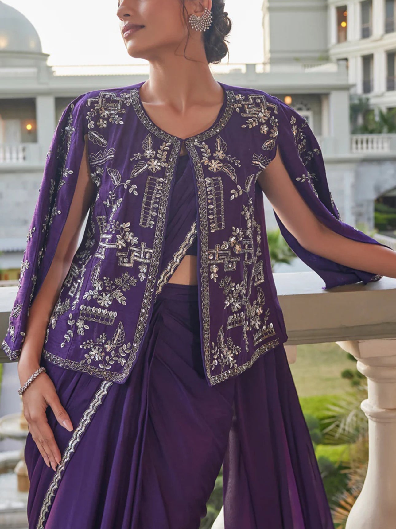Purple Indo-Western Silk Saree with Zardosi Work for Weddings