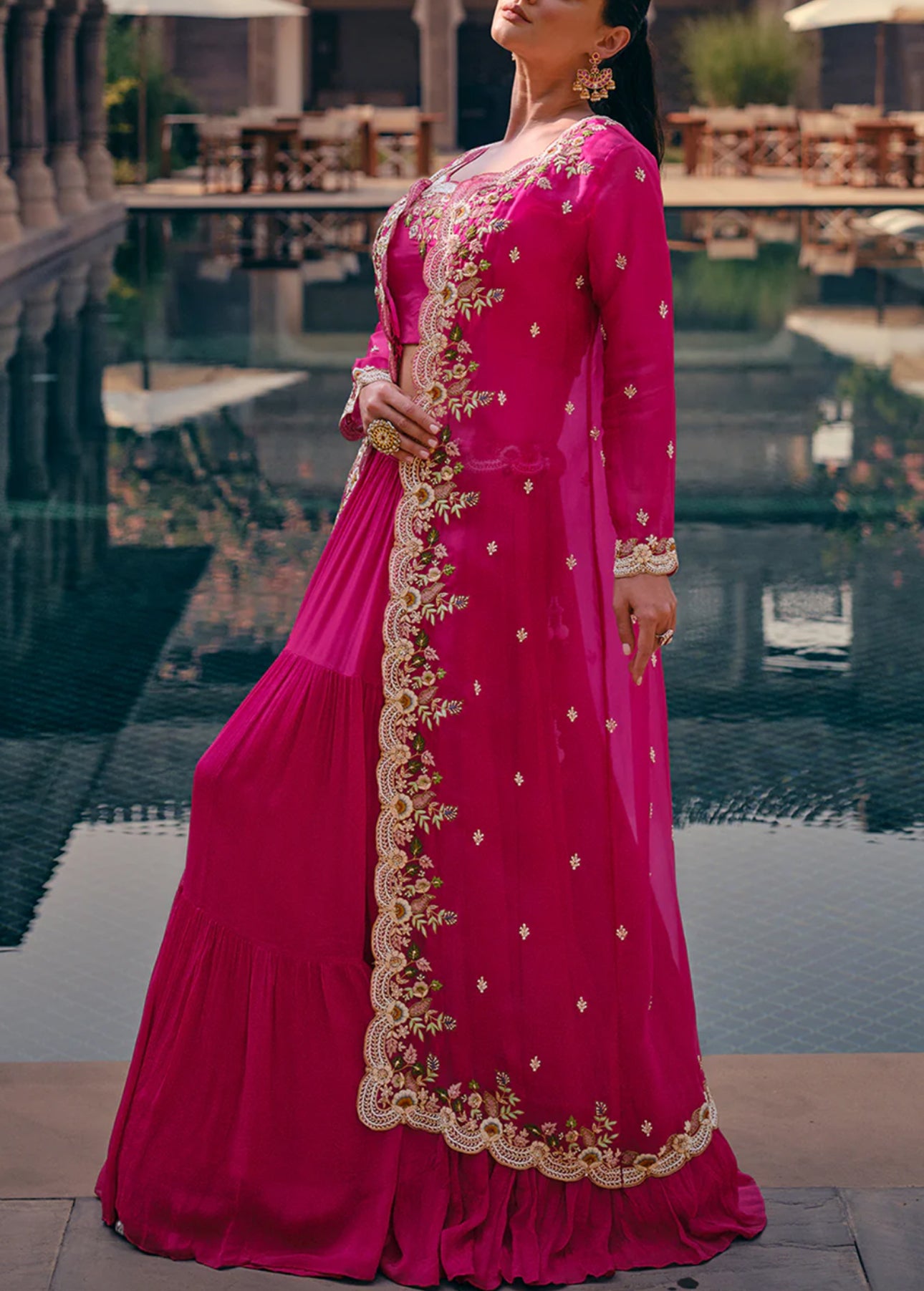 Hot Pink Chinnon Lehenga with Zari Work for Weddings