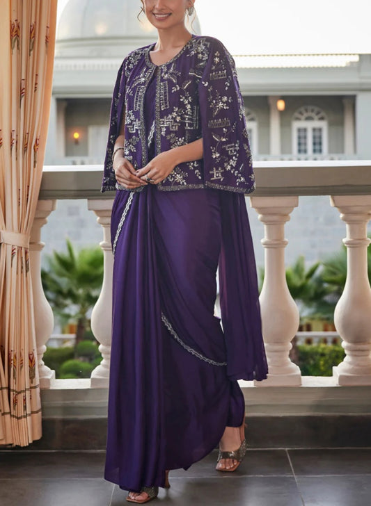 Purple Indo-Western Silk Saree with Zardosi Work for Weddings