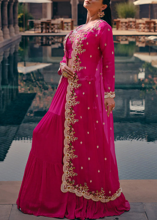 Hot Pink Chinnon Lehenga with Zari Work for Weddings